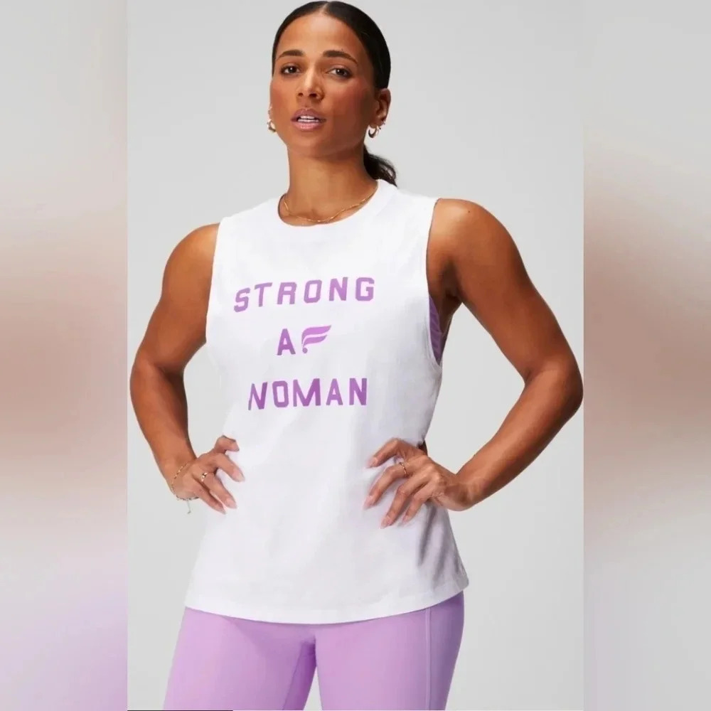 Fabletics International Women's Day Muscle Tank, Color White/Purple Size XXL